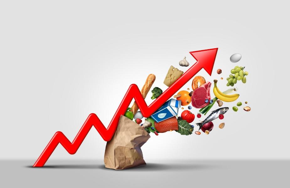 Rising food cost and grocery prices surging costs of supermarket groceries as an inflation financial crisis concept coming out of a paper bag shaped hit by a a finance graph arrow with 3d render elements.