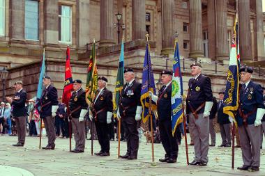 A group of Veteran armed forces men on the Flag Market in Preston 