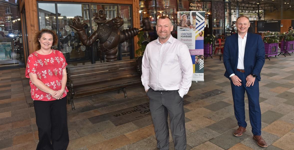 From left, Alison Davies, Peter Griffiths and Adrian Leather outside Preston market hall