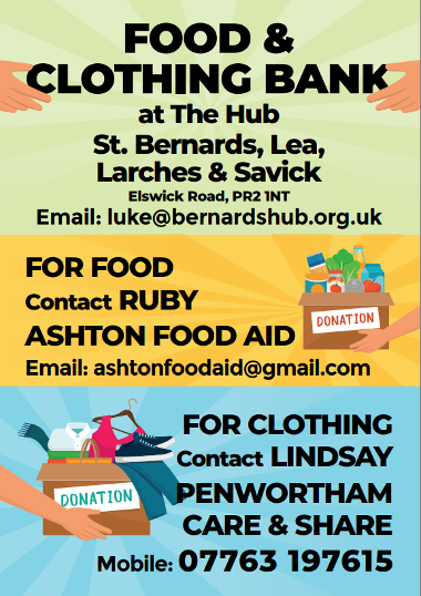 Poster promoting the Food and Clothing Bank at the Hub St. Bernards, Lea, Larches and Savick.