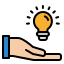 A hand holding a light bulb icon